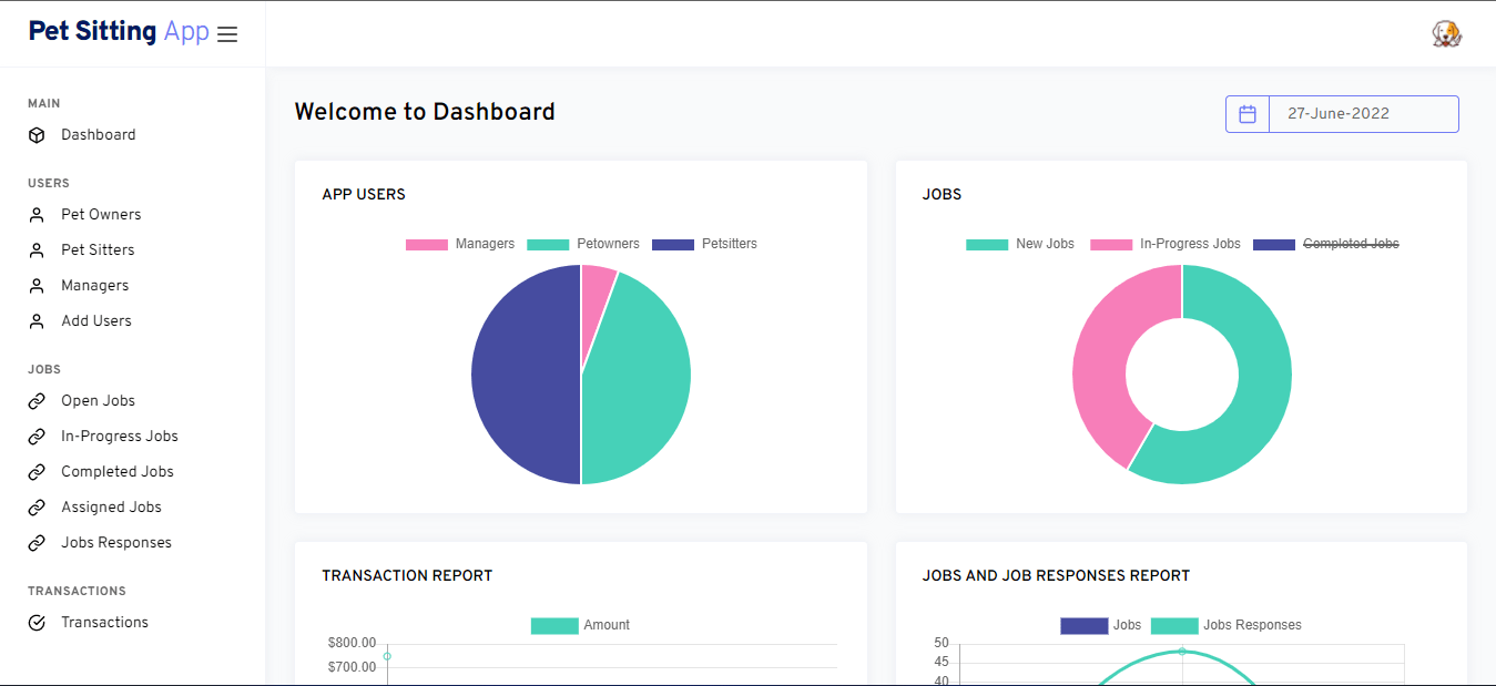 PET SITTING App Dashboard